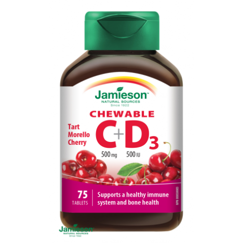 JAMIESON Vitamíny C a D3 - Витамины C и D3 500 мг / 500 IU со вкусом вишни 75 таблеток